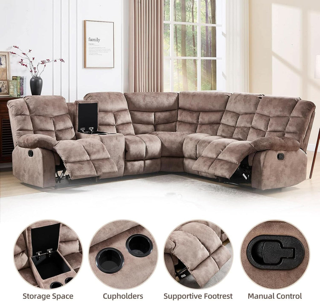 Brown Manual Reclining Sectional Sofa With Cup Holders-3
