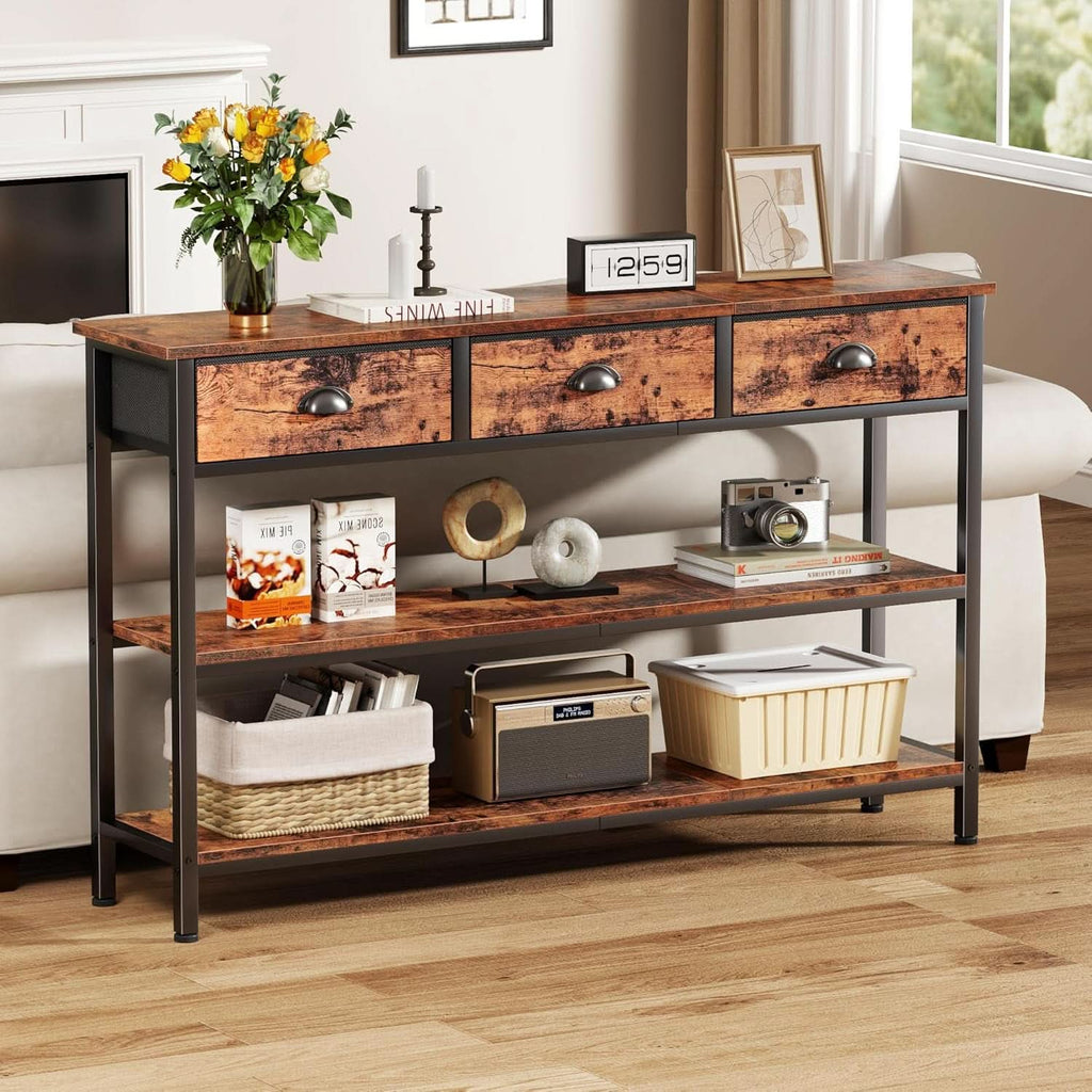 47-Inch Rustic Brown Console Table with 3 Drawers and Storage Shelves-4