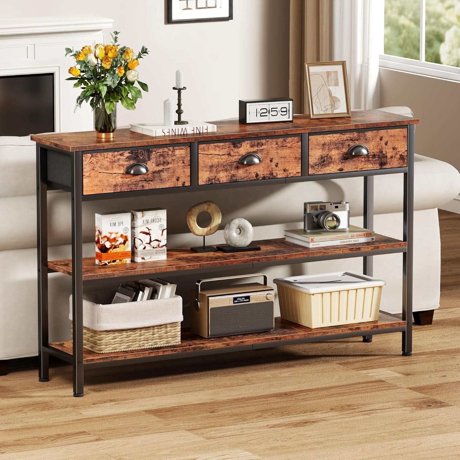 47-Inch Rustic Brown Console Table with 3 Drawers and Storage Shelves-4