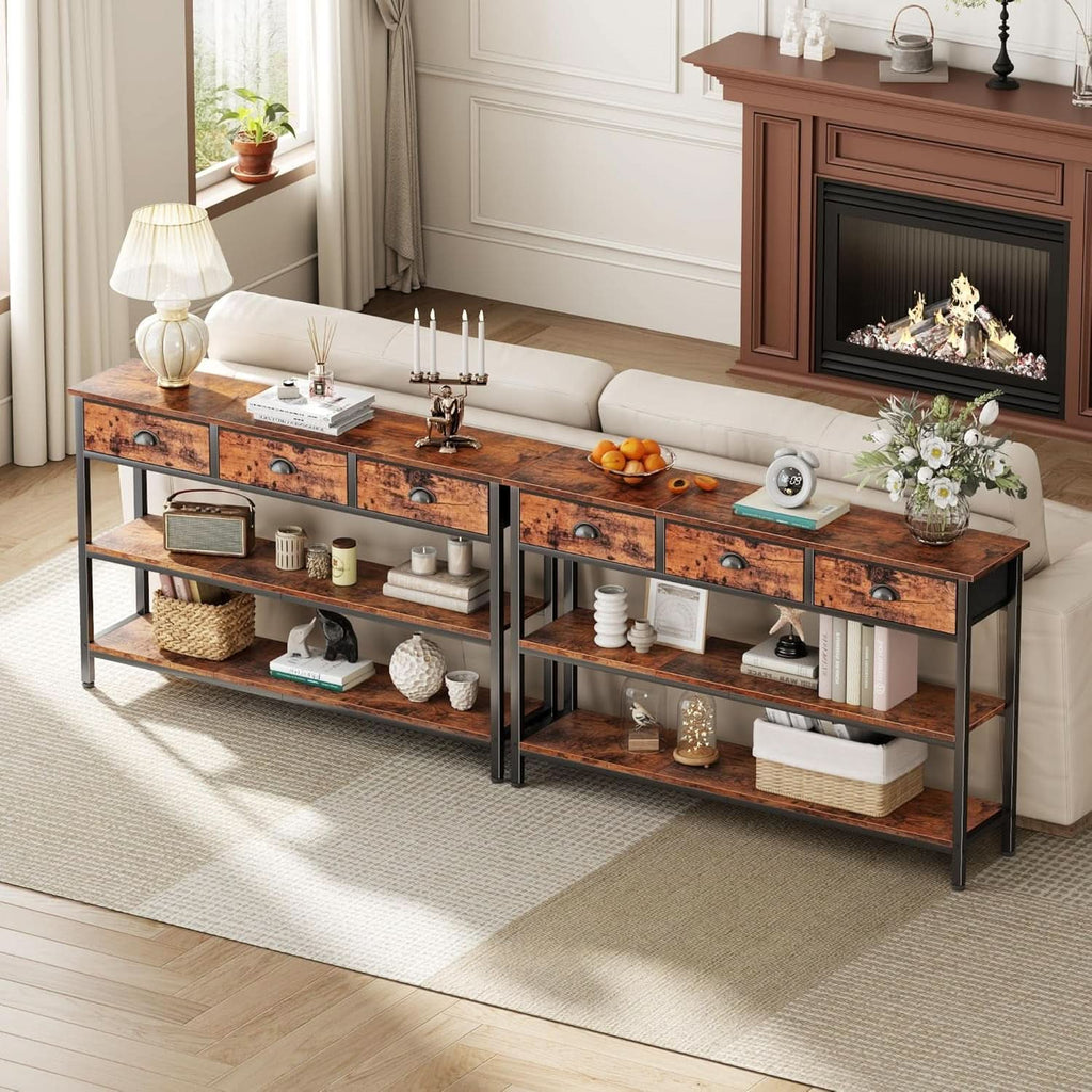 47-Inch Rustic Brown Console Table with 3 Drawers and Storage Shelves-3