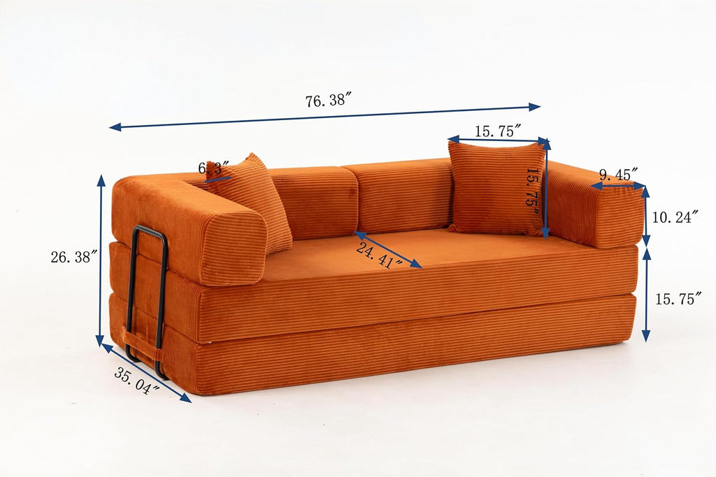 76 Inch Corduroy Premium Futon Sofa Bed For Small Spaces Orange-1