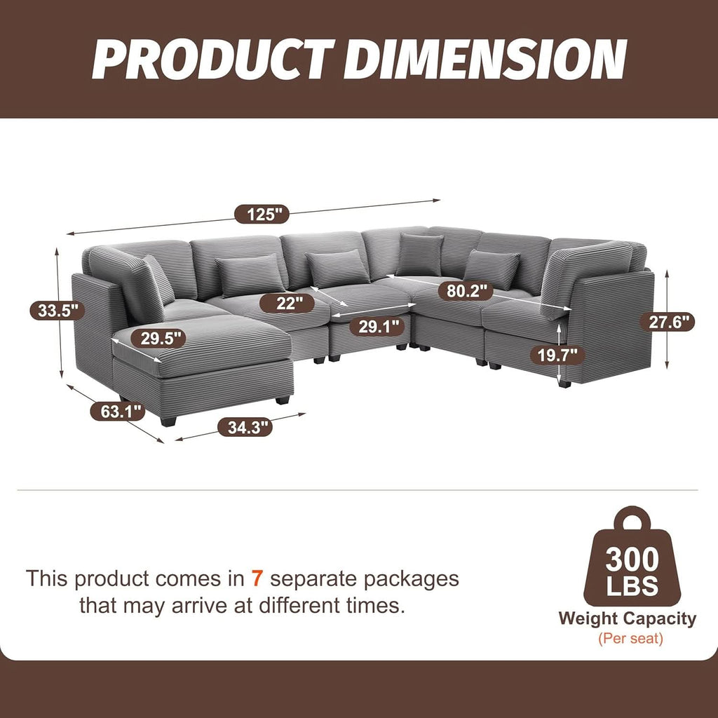 125Inch Oversized Corduroy Cloud Sleeper Grey Sofa-2