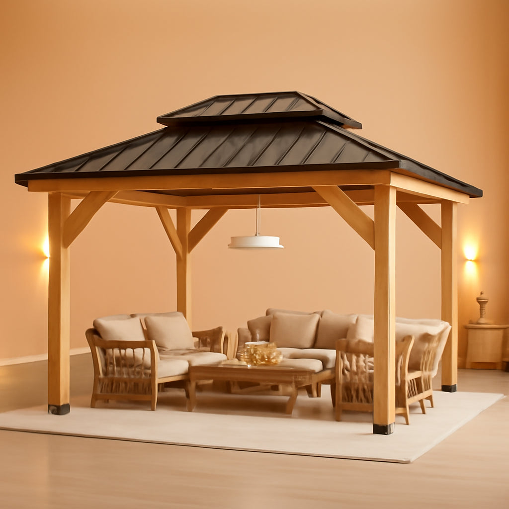 10x12 Wooden Gazebo With Galvanized Rainproof Roof-0