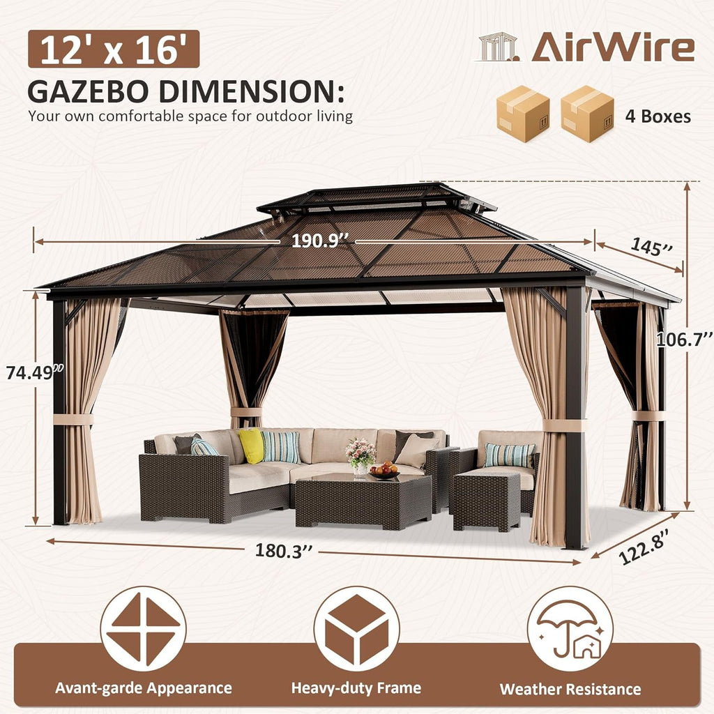 12x16 Brown Gazebo Poly carbonate Roof Aluminum Frame-1