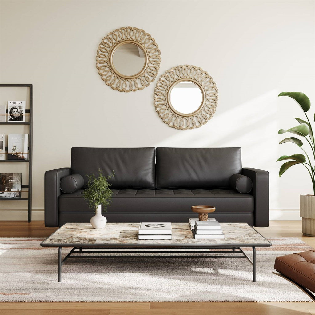 Black Upholstered Faux Leather Sofa w/ Pillows Solid Hardwood Legs-0