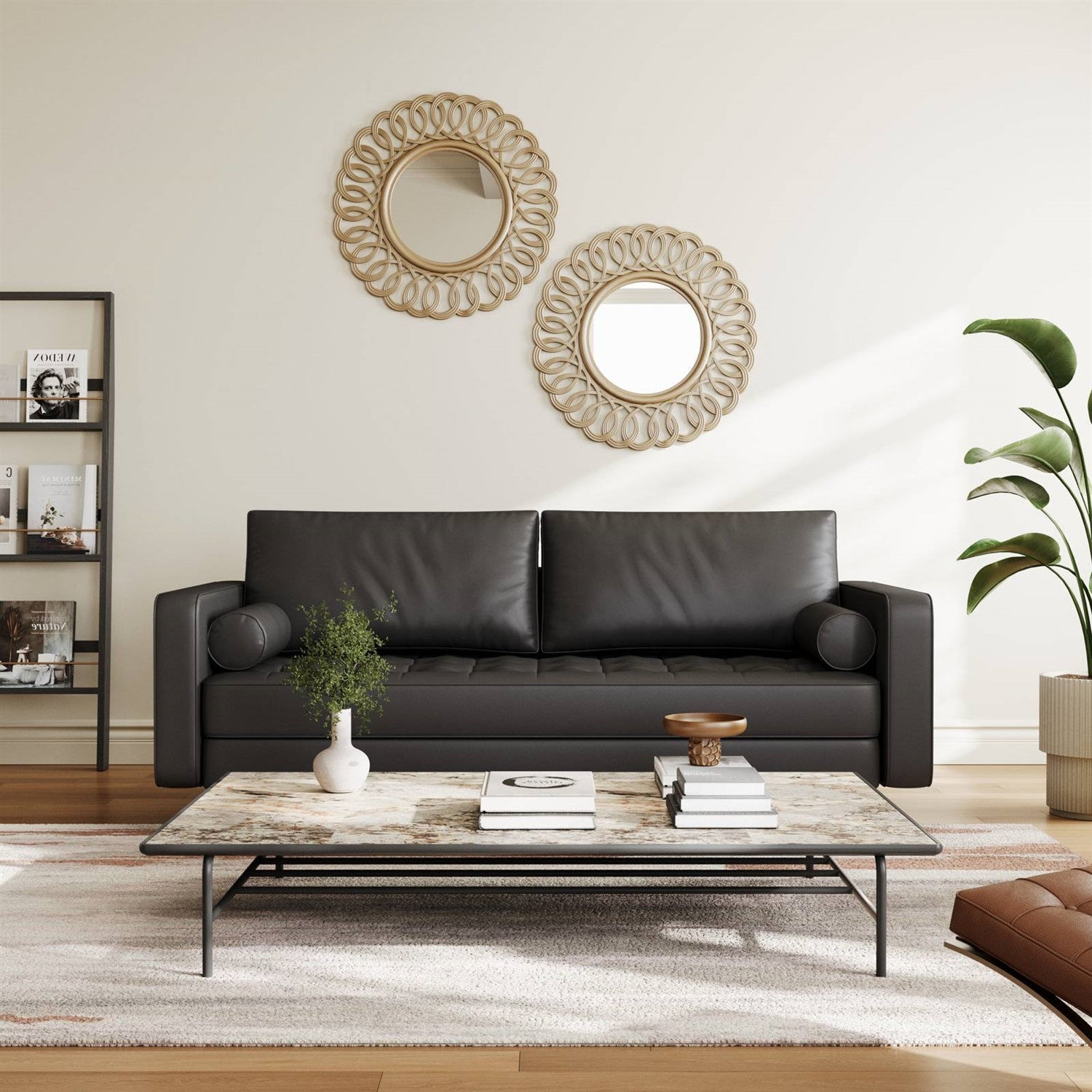 Black Upholstered Faux Leather Sofa w/ Pillows Solid Hardwood Legs-0