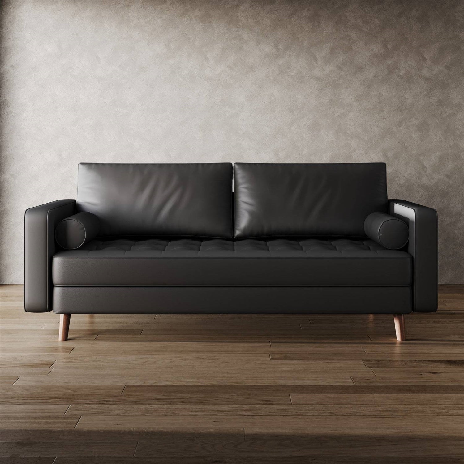 Black Upholstered Faux Leather Sofa w/ Pillows Solid Hardwood Legs-1