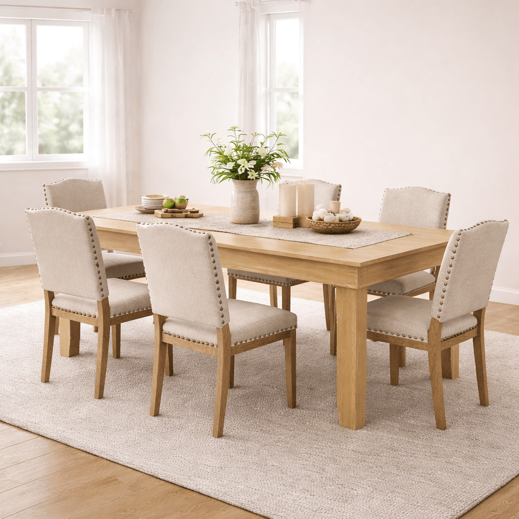 71-inch Farmhouse Dining Table with 6 Upholstered Chairs Set – Seats 6