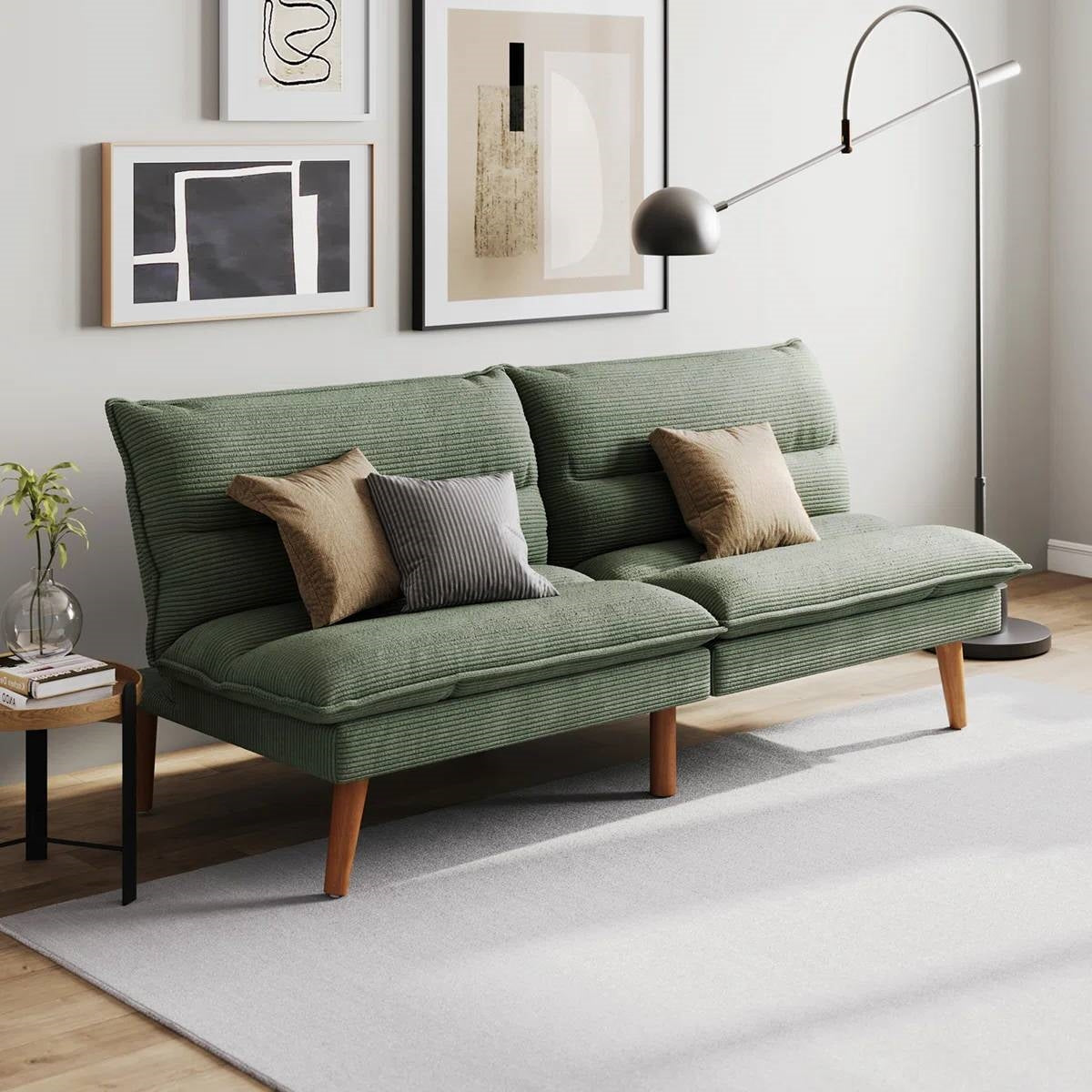 Modern Green Corduroy Fabric Futon Sleeper Sofa Bed Couch with Wood Legs-0
