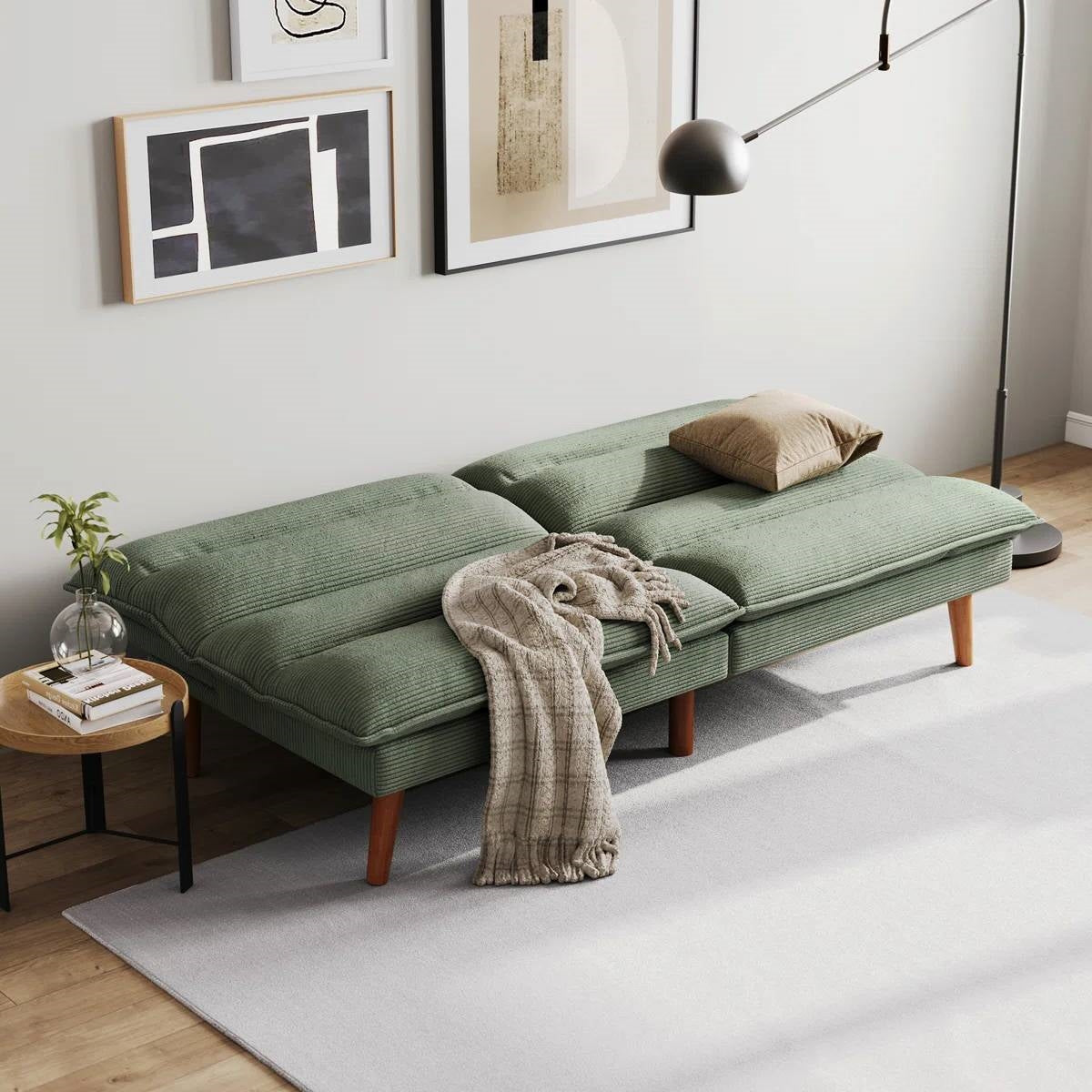 Modern Green Corduroy Fabric Futon Sleeper Sofa Bed Couch with Wood Legs-2