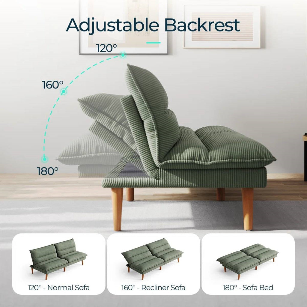 Modern Green Corduroy Fabric Futon Sleeper Sofa Bed Couch with Wood Legs-3