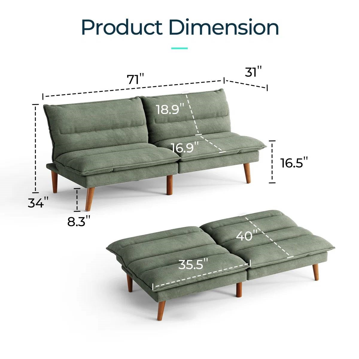 Modern Green Corduroy Fabric Futon Sleeper Sofa Bed Couch with Wood Legs-4