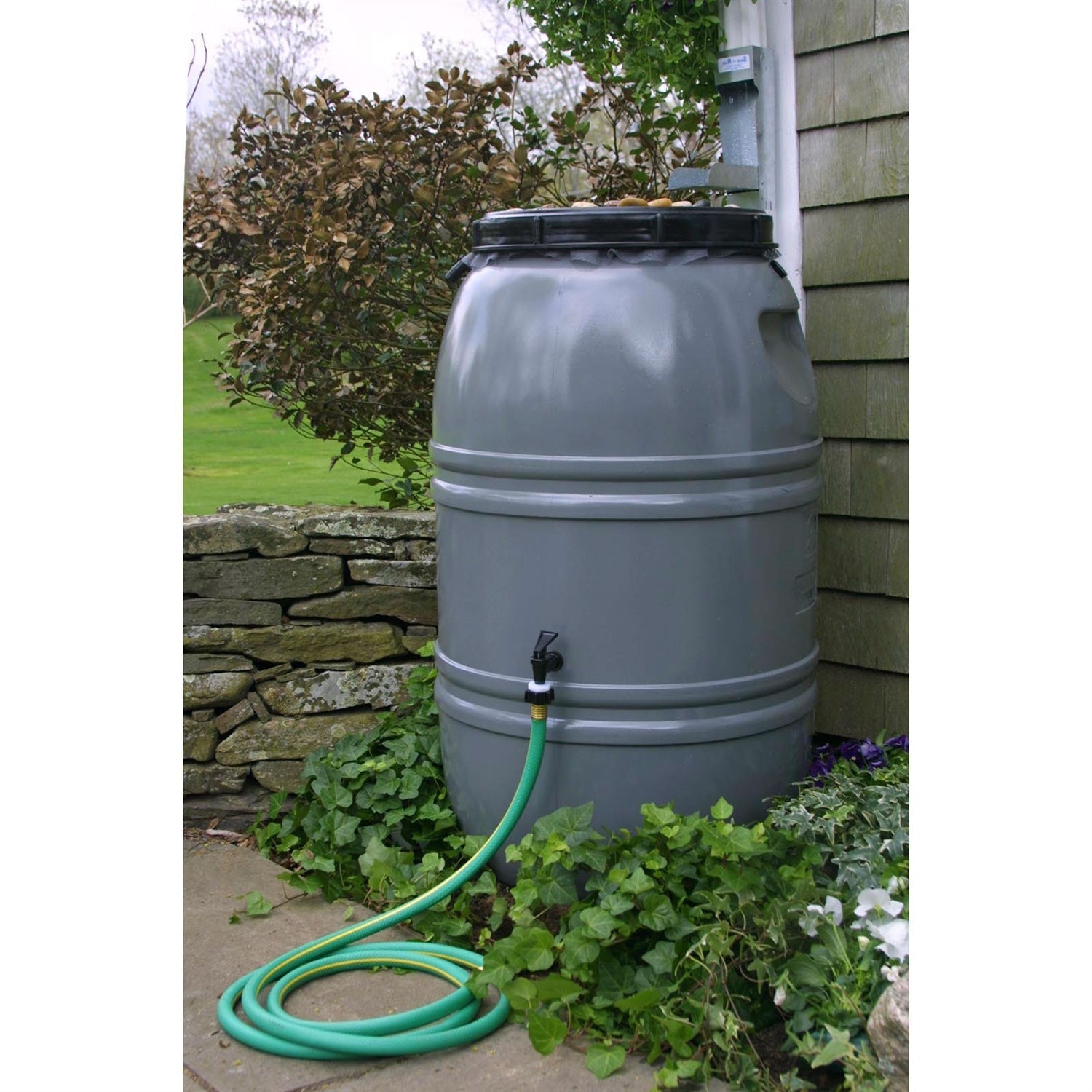 Grey 60-Gallon Re-purposed Rain Barrel with Lid in HDPE Food Grade Plastic-0