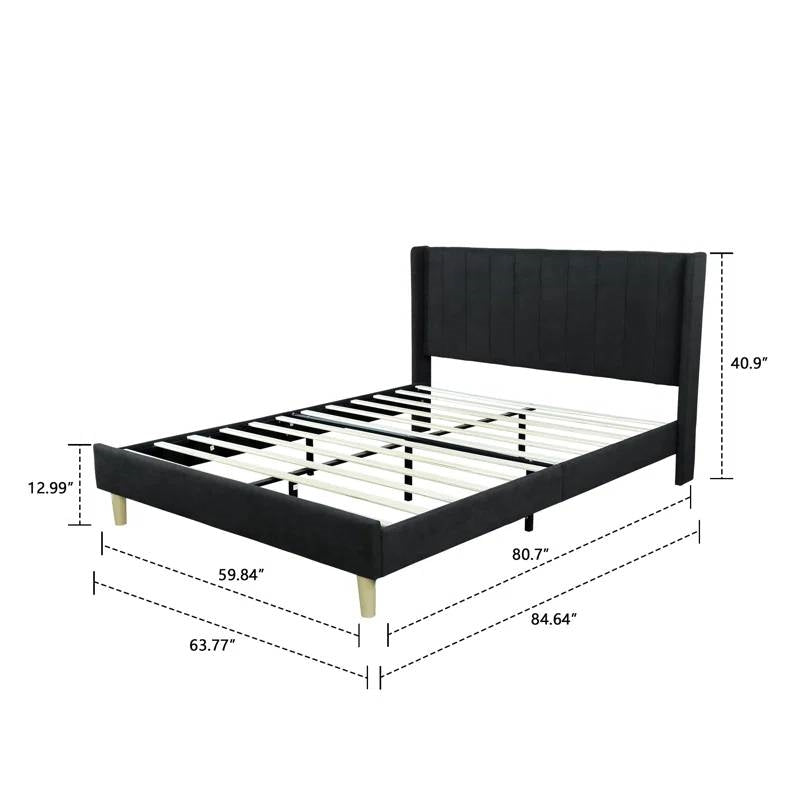 Queen size Mid-Century Black Linen Platform Bed Frame with Upholstered Headboard-4