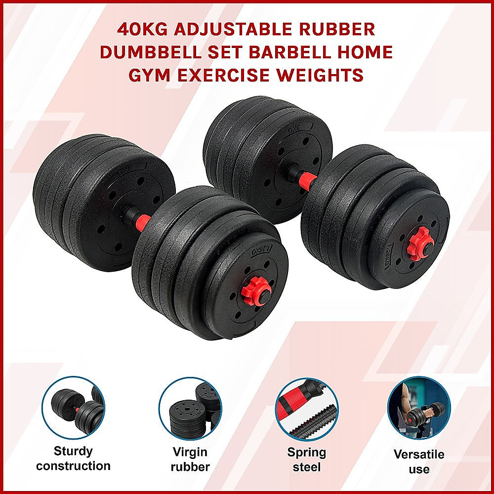 40kg Adjustable Rubber Dumbbell Set Barbell Home GYM Exercise Weights-2