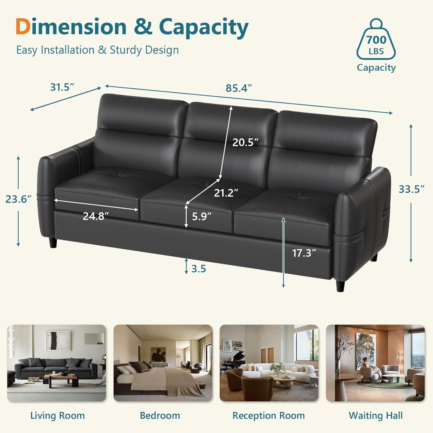 85Inch Black Faux Leather Executive Sofa USB Charging Ports-1