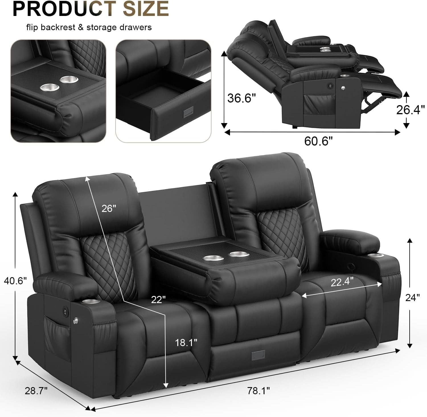 Three Seat Recliner Sofa With Flip Backrest And USB Ports-1