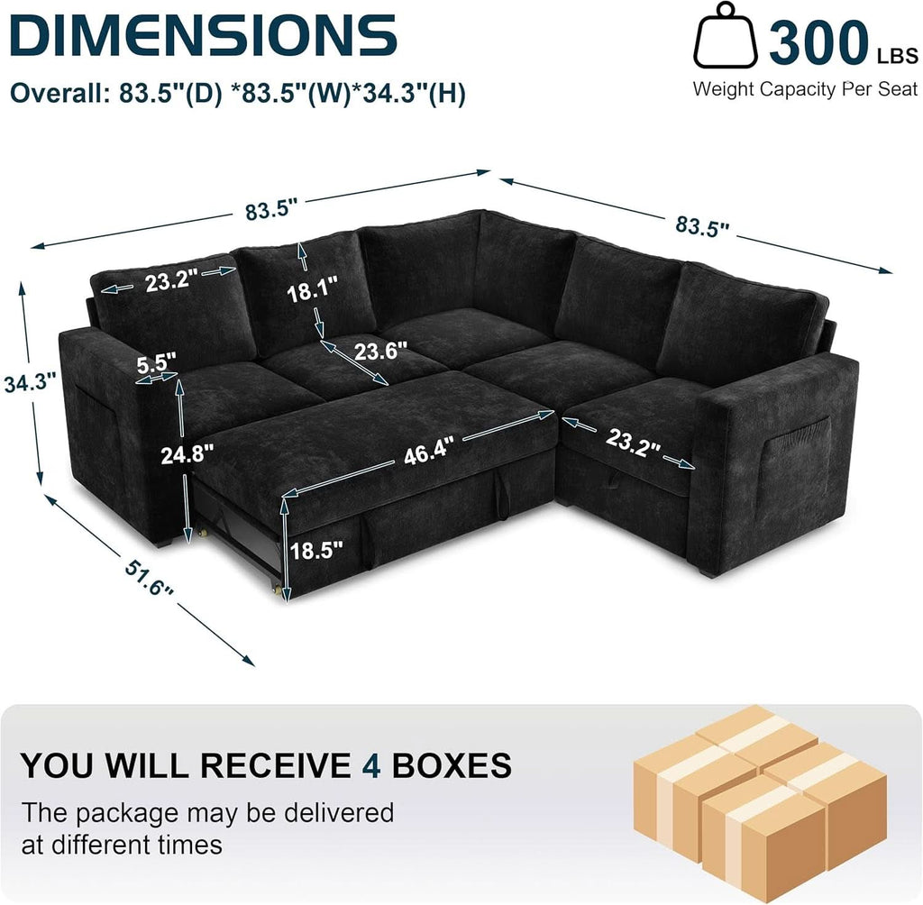 Black 83Inch Deluxe Sleeper Sectional Sofa With Storage-2