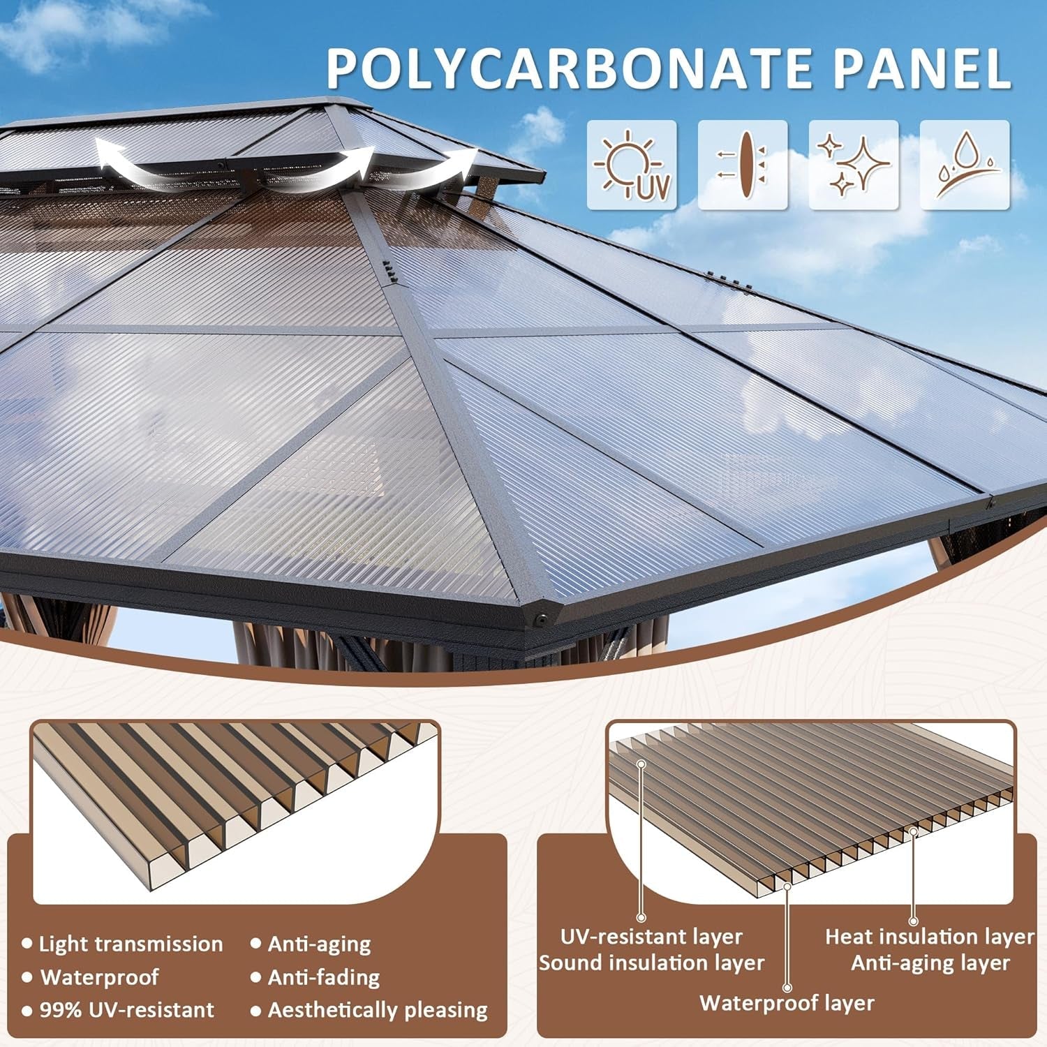 12x16 Brown Gazebo Poly carbonate Roof Aluminum Frame-2