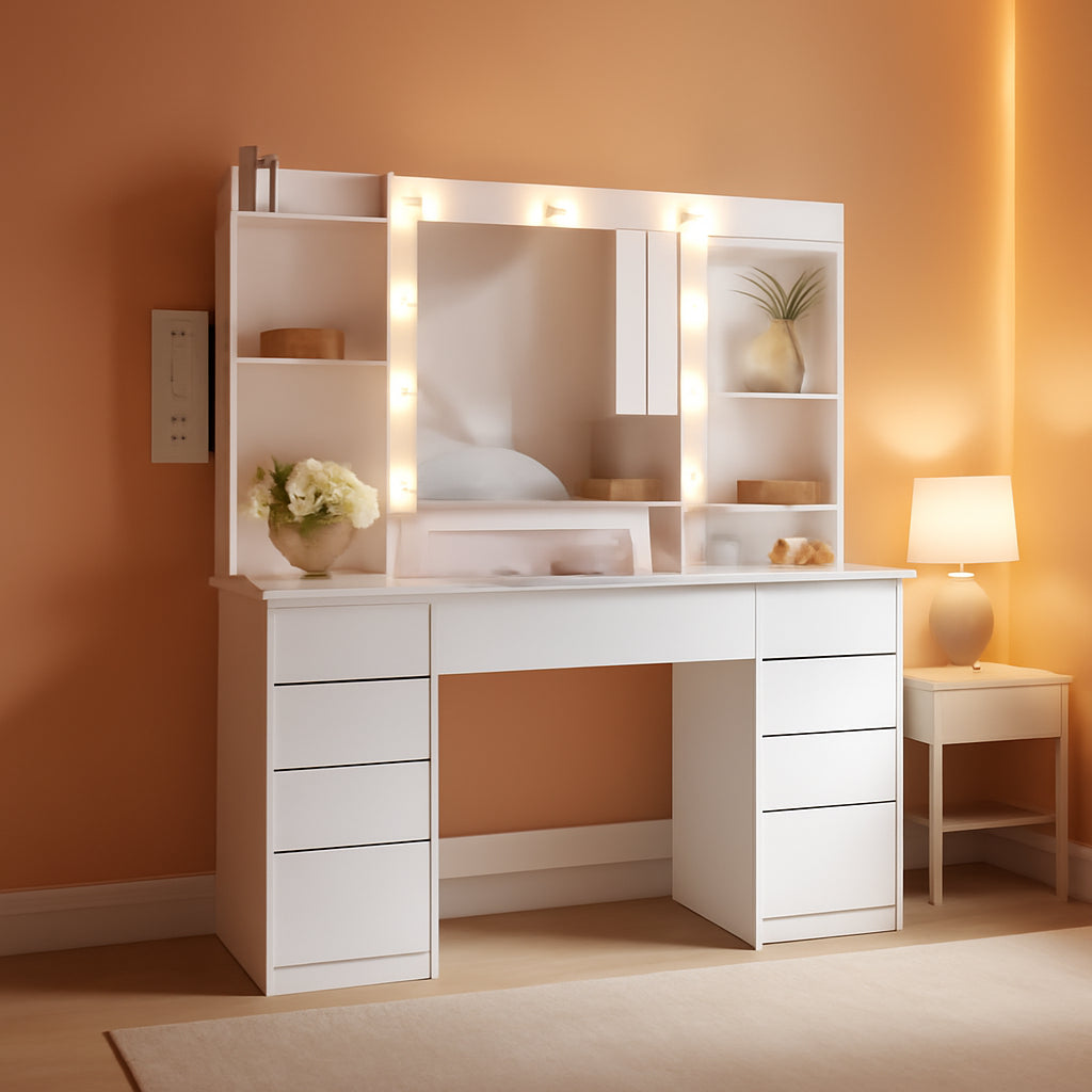 White Makeup Vanity Desk With Integrated LED Mirror-0