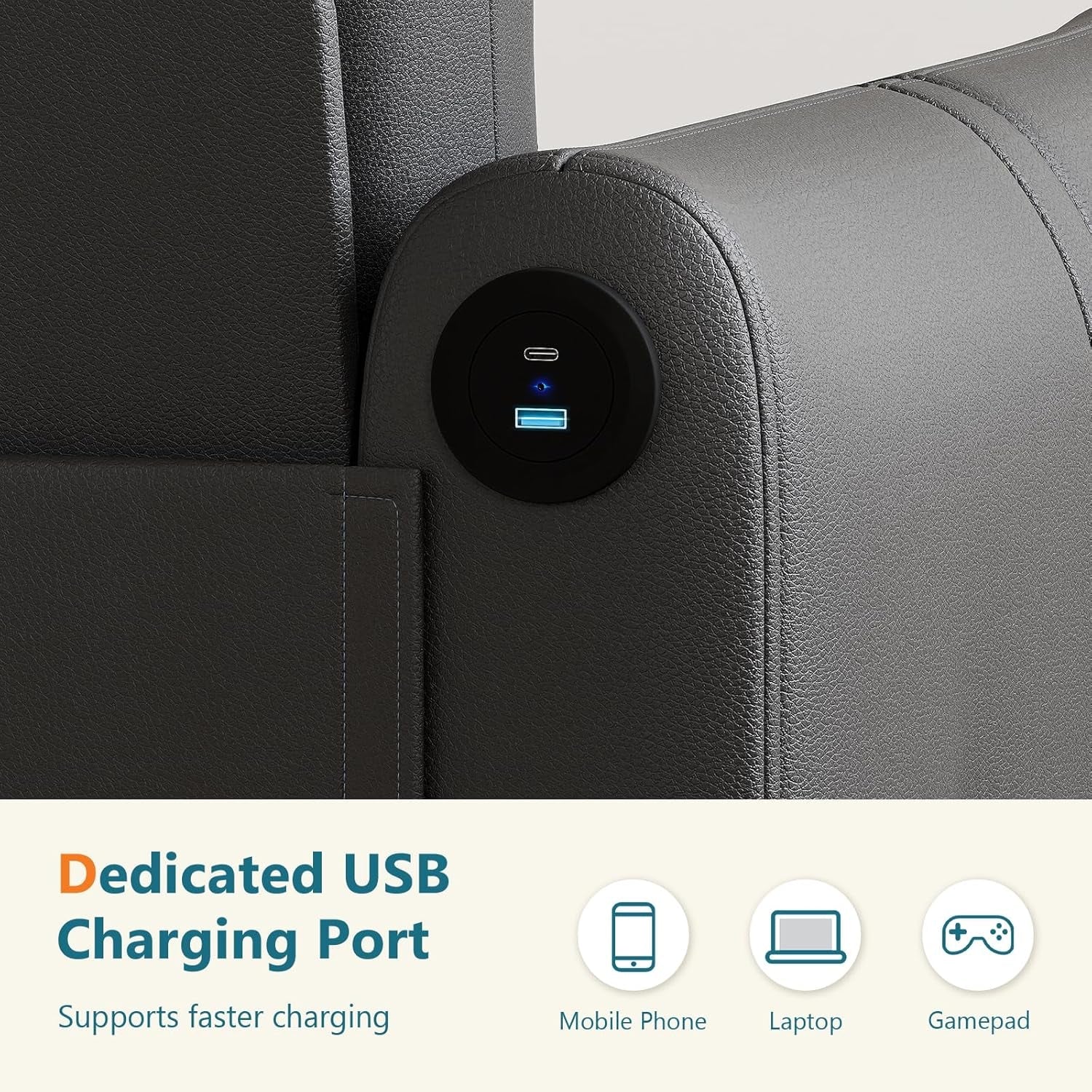 85Inch Black Faux Leather Executive Sofa USB Charging Ports-4