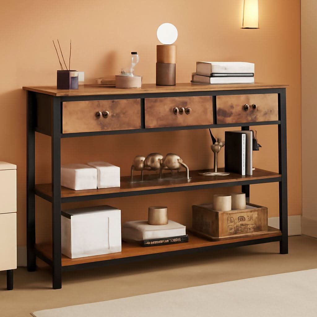 47-Inch Rustic Brown Console Table with 3 Drawers and Storage Shelves-0