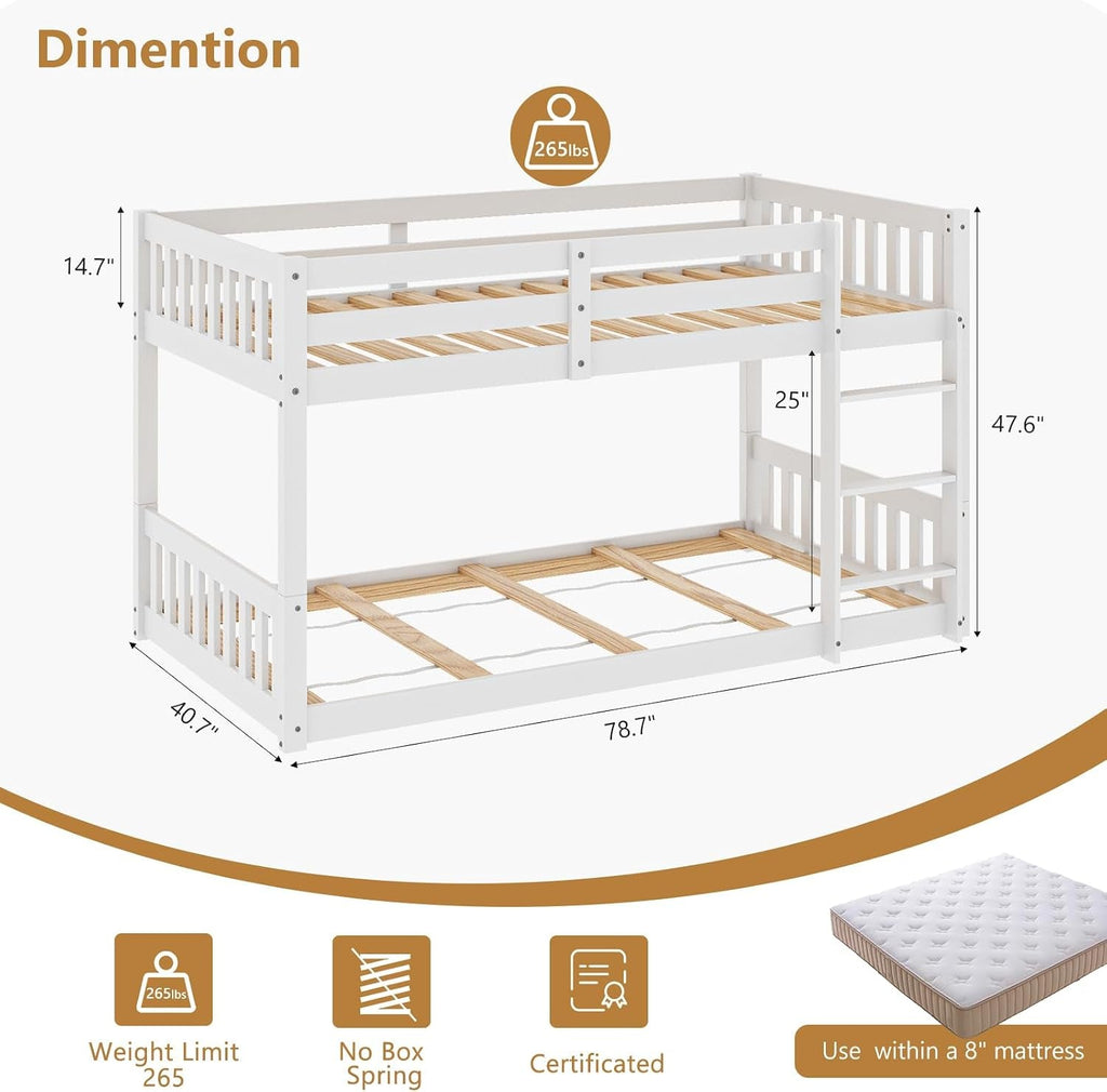 Low Profile White Solid Wood Twin Over Bunk Bed Guardrails-1