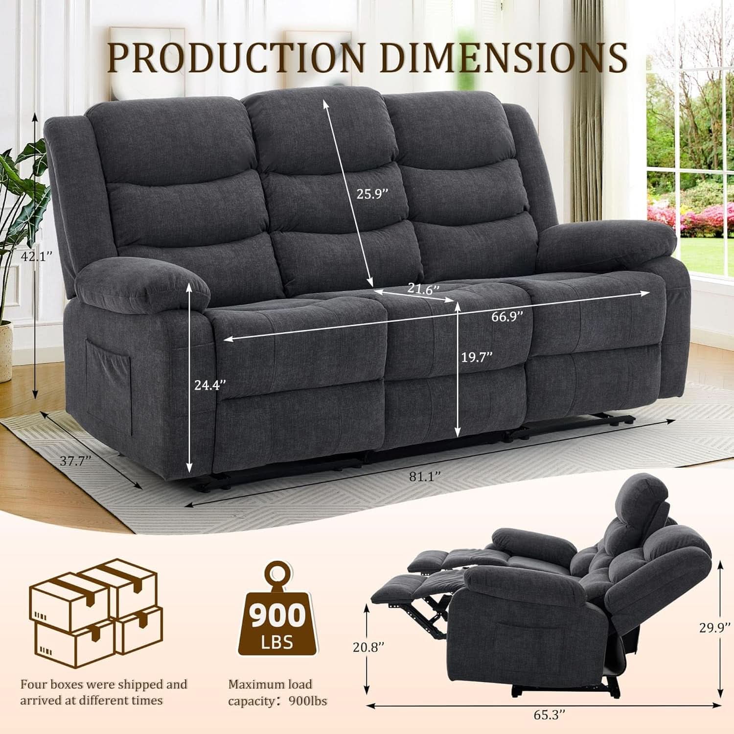Grey Oversized 3 Seater Reclining Sofa With Console-1