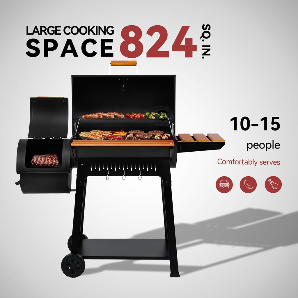 Barrel Charcoal Grill Outdoor Offset Smoker 824 SquareIn-3
