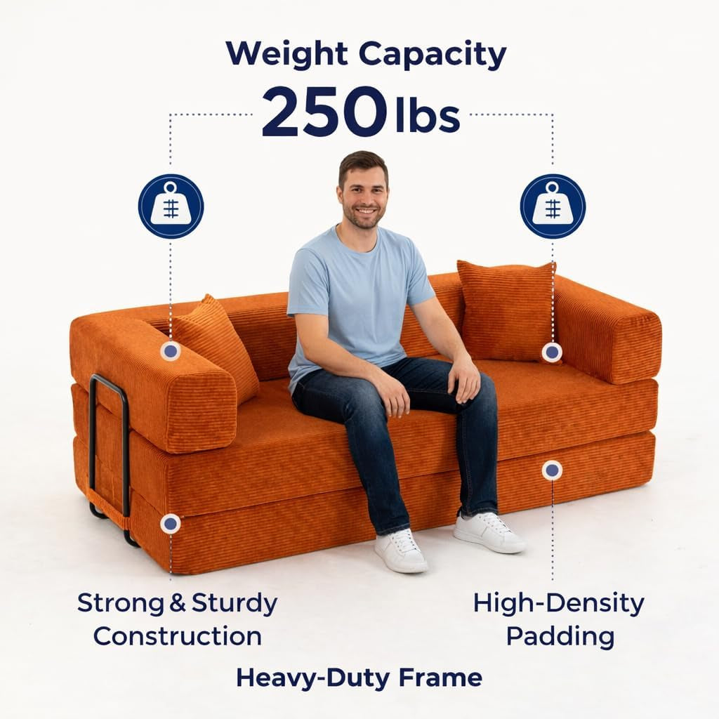 76 Inch Corduroy Premium Futon Sofa Bed For Small Spaces Orange-2