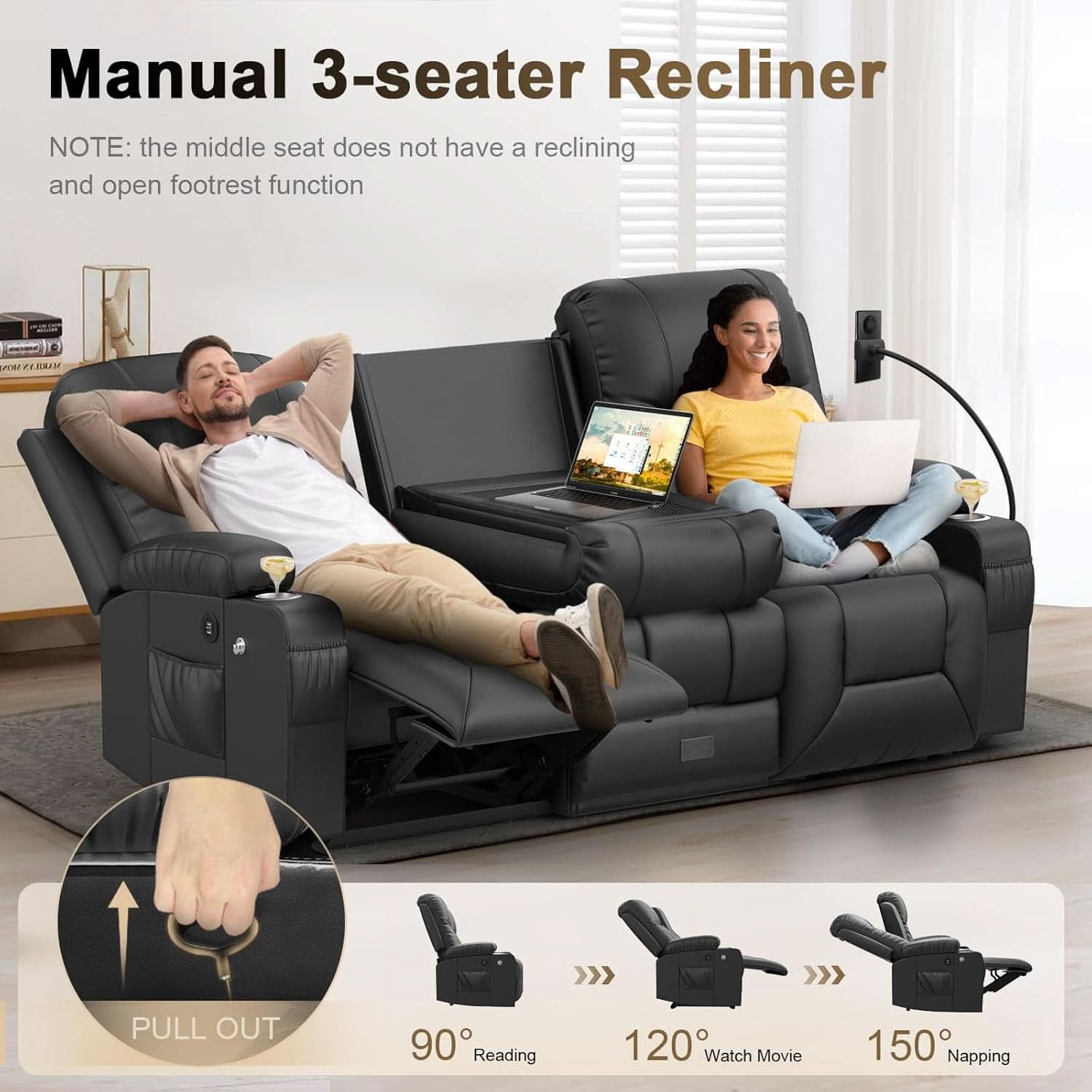 Three Seat Recliner Sofa With Flip Backrest And USB Ports-4