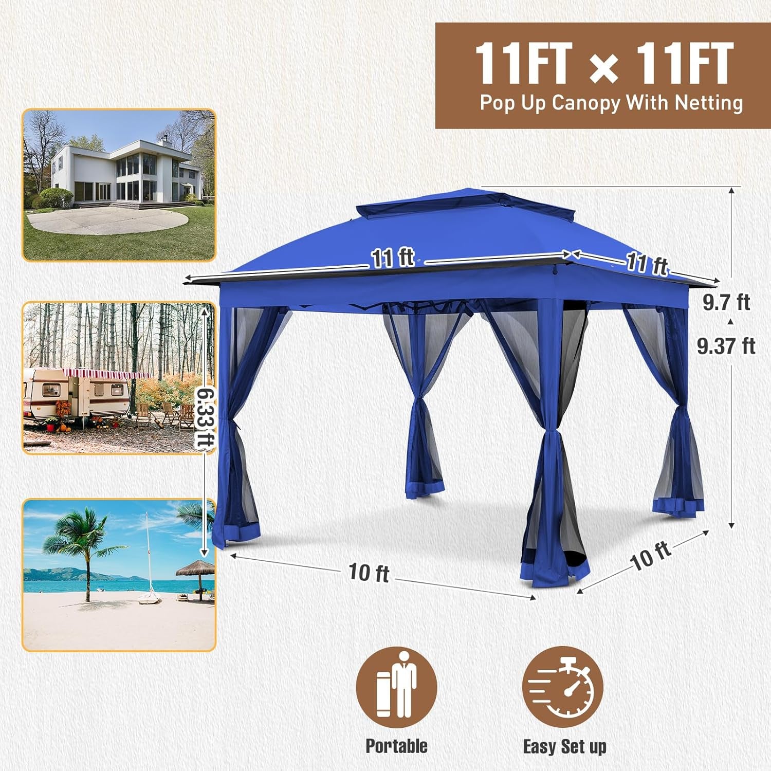 11x11Ft Pop Up Gazebo Blue UV Protection Netting UPF50-2