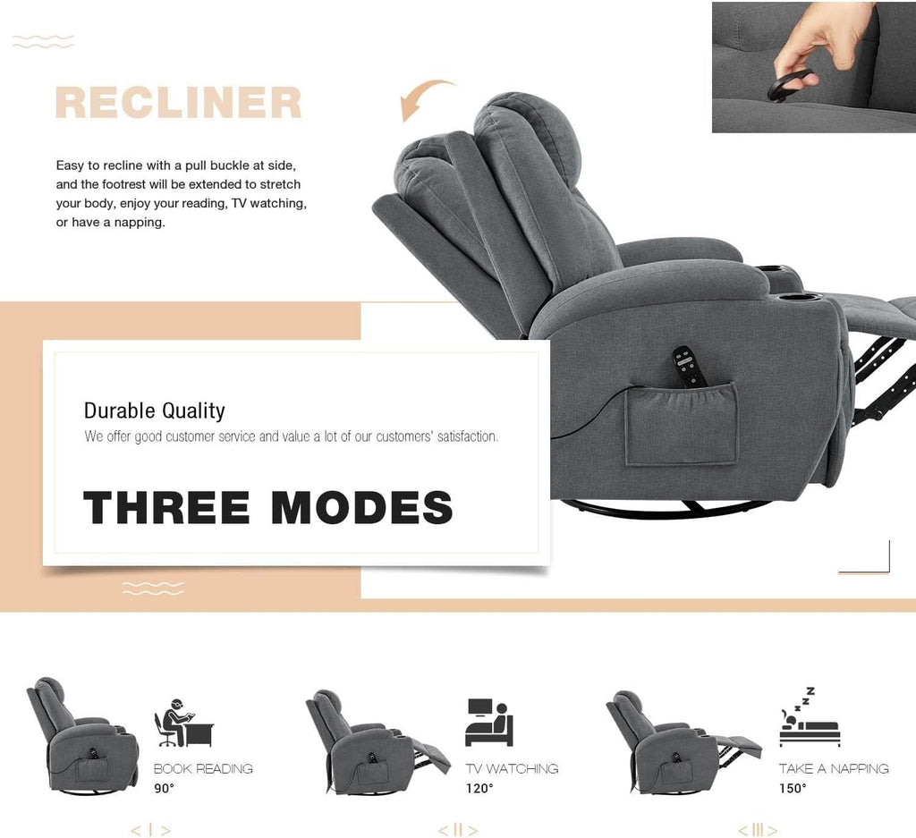Gray Massaging Recliner With Cupholders Extendable Footrest-3