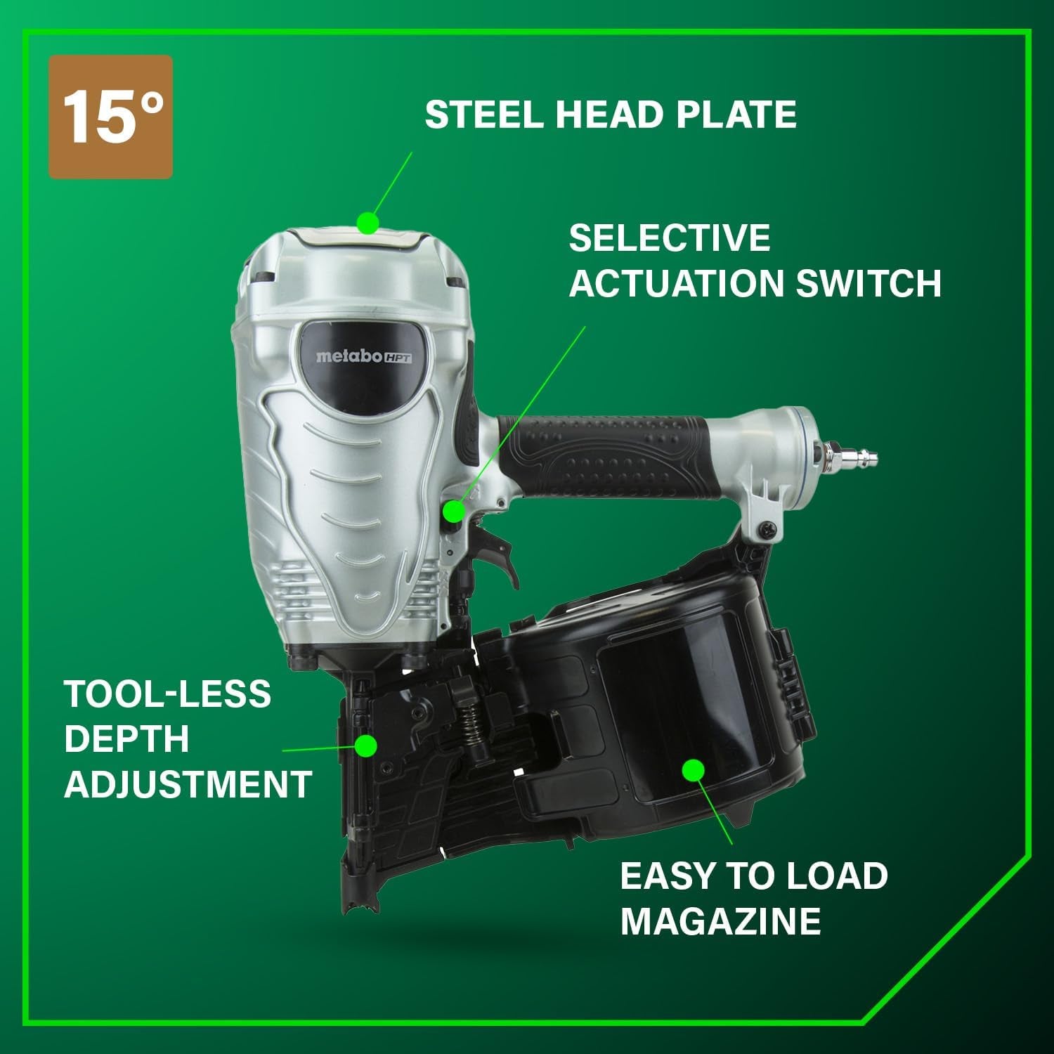 Metabo HPT Coil Framing Nailer, 15° Nails, NV90AGS | Pneumatic Power, Construction Tools, Roof Decking Support, Floor & Truss Applications, 1-3/4 to 3-1/2 In