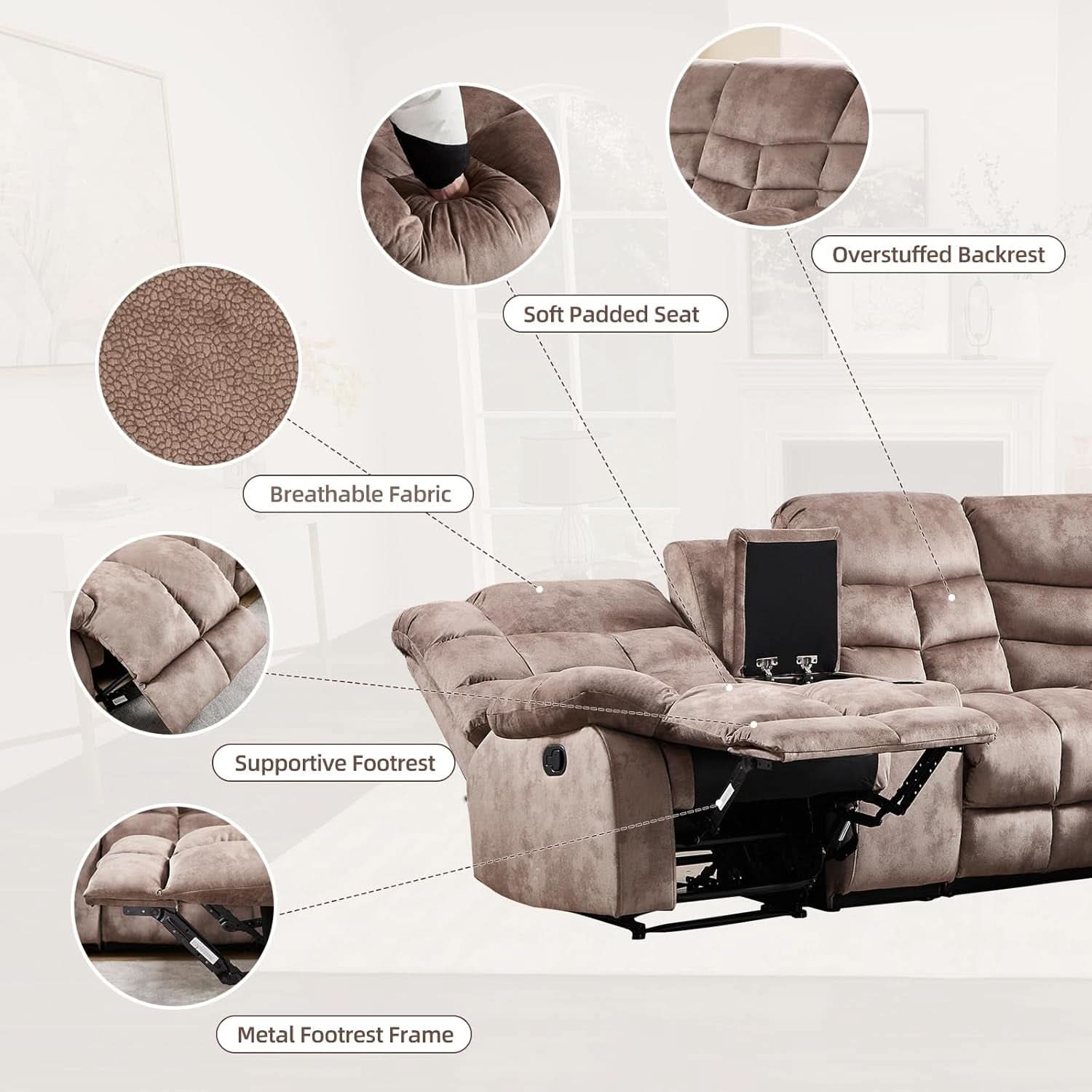 Brown Manual Reclining Sectional Sofa With Cup Holders-2