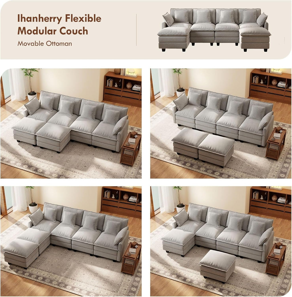 106-Inch U-Shaped Modular Sectional Sofa with Ottoman, Grey Chenille-2