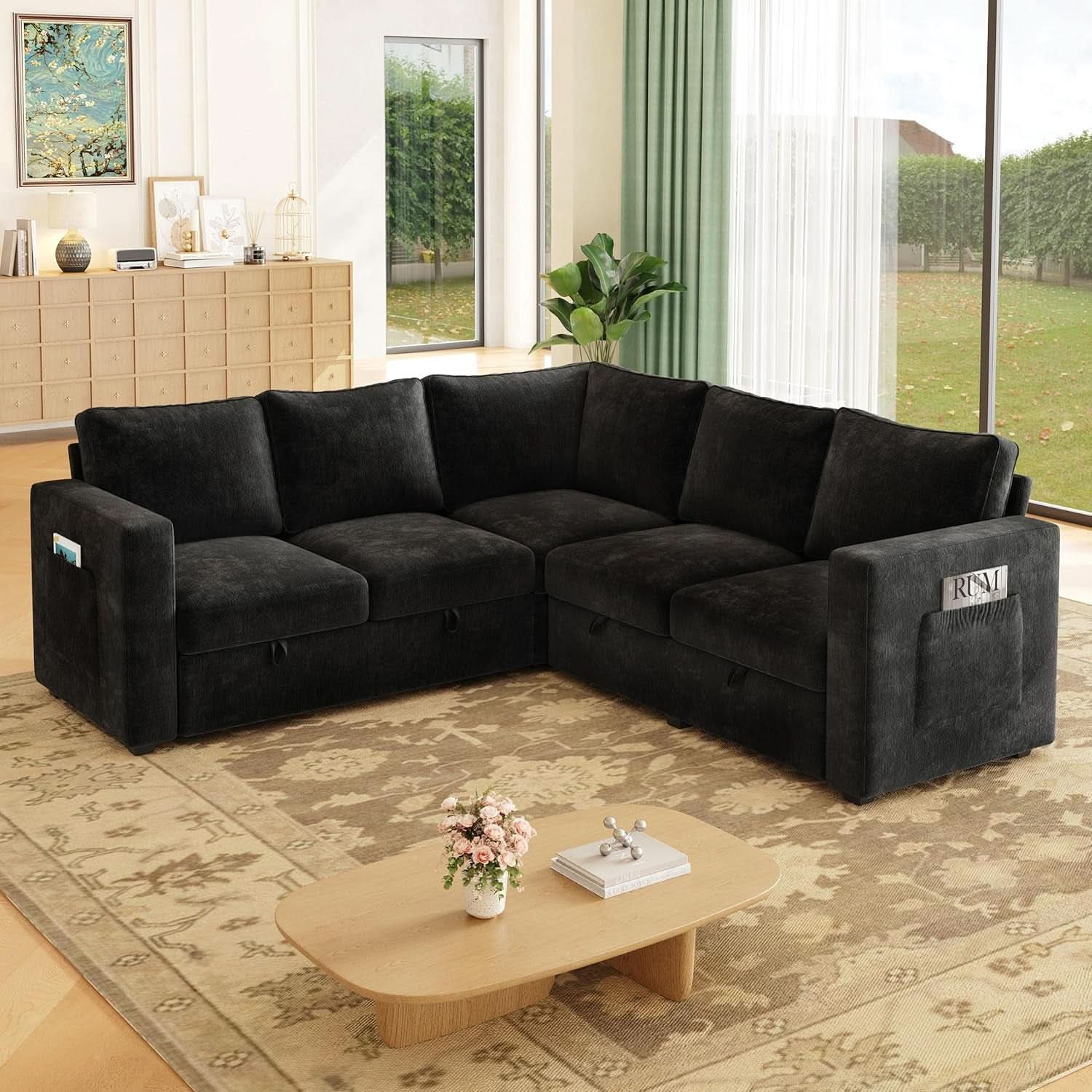 Black 83Inch Deluxe Sleeper Sectional Sofa With Storage-1