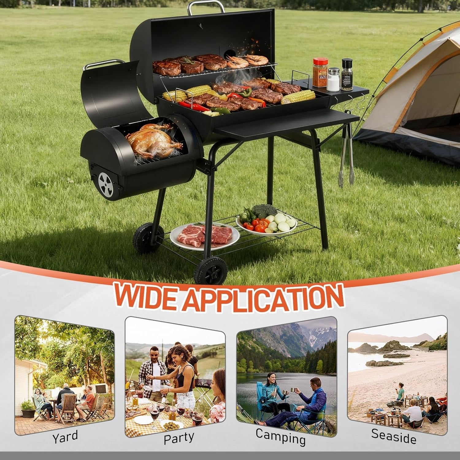 Barrel Charcoal Grill With Offset Smoker Large Capacity-3