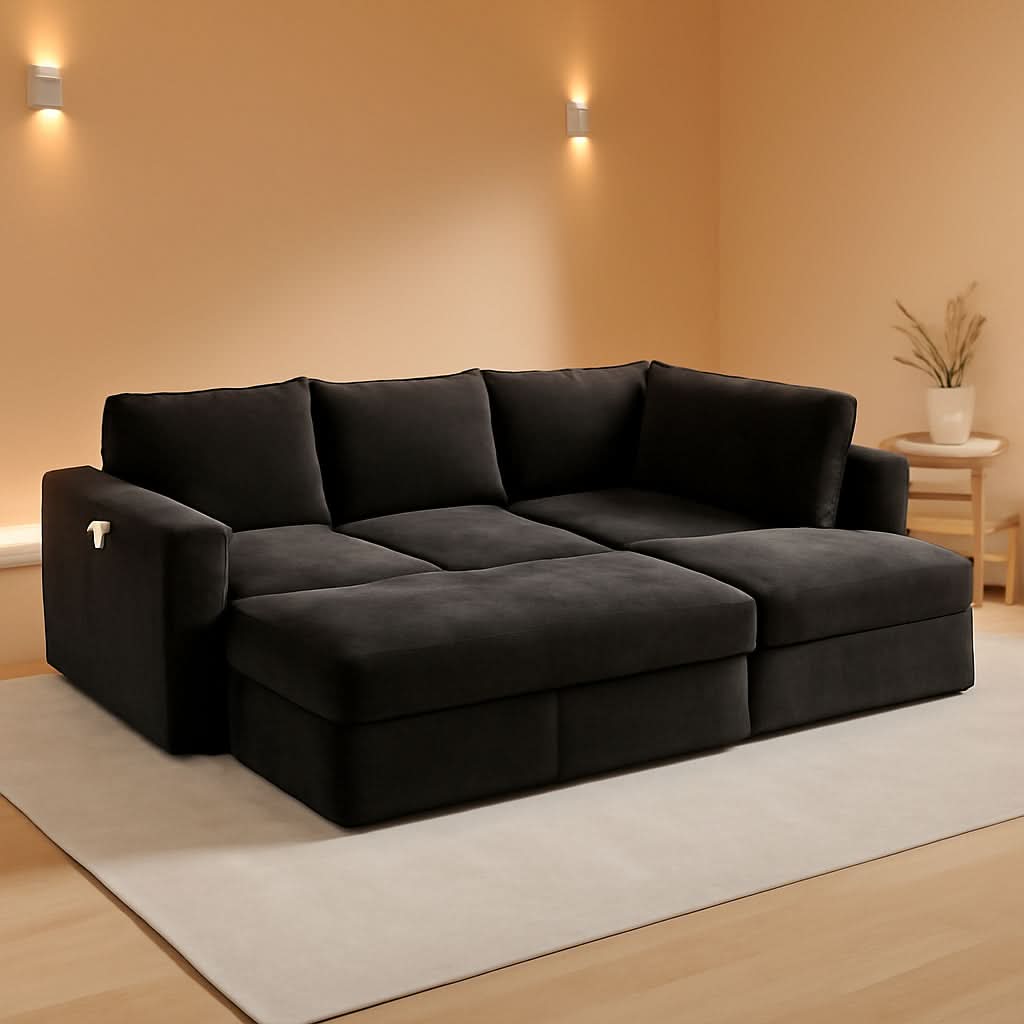 Black 83Inch Deluxe Sleeper Sectional Sofa With Storage-0
