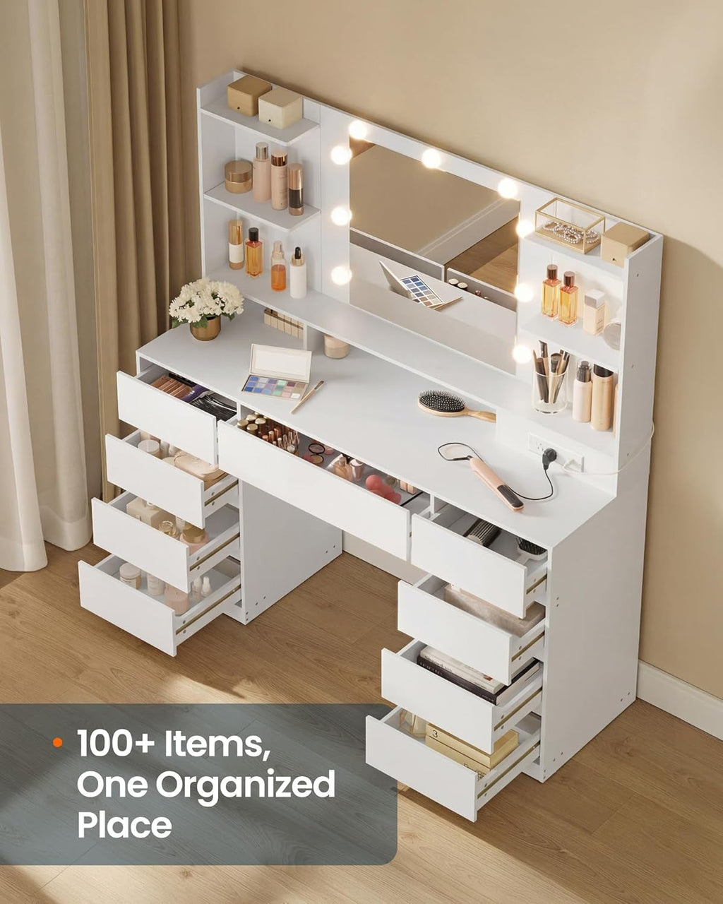 White Makeup Vanity Desk With Integrated LED Mirror-3