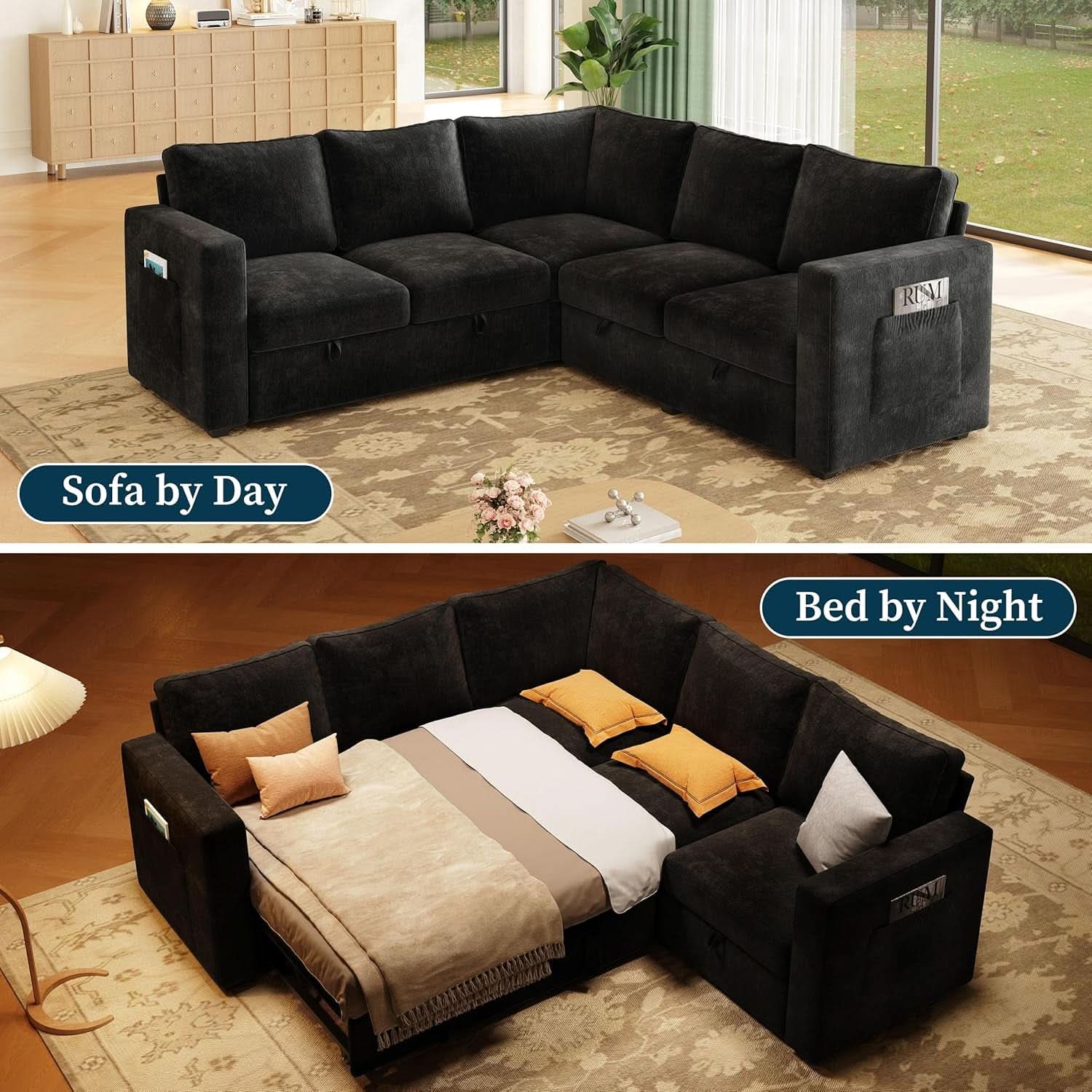 Black 83Inch Deluxe Sleeper Sectional Sofa With Storage-4