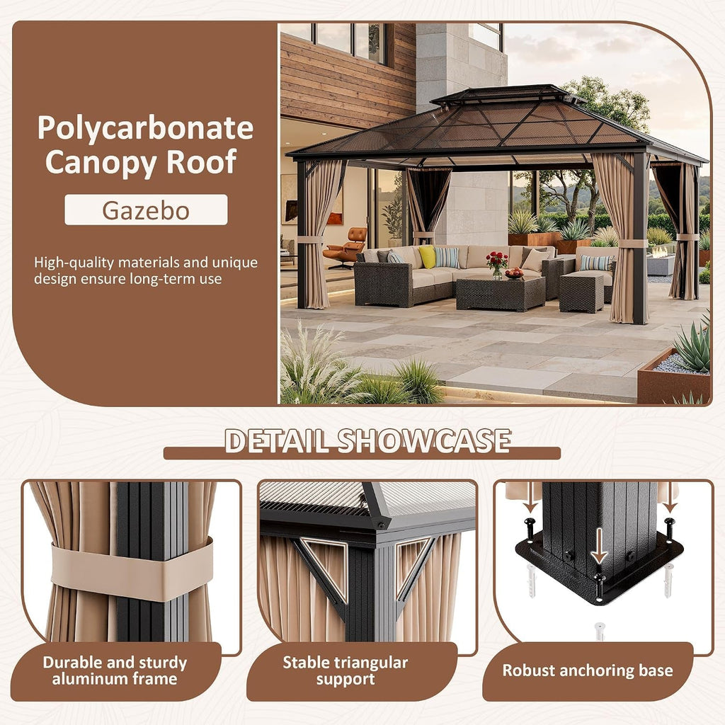 12x16 Brown Gazebo Poly carbonate Roof Aluminum Frame-3