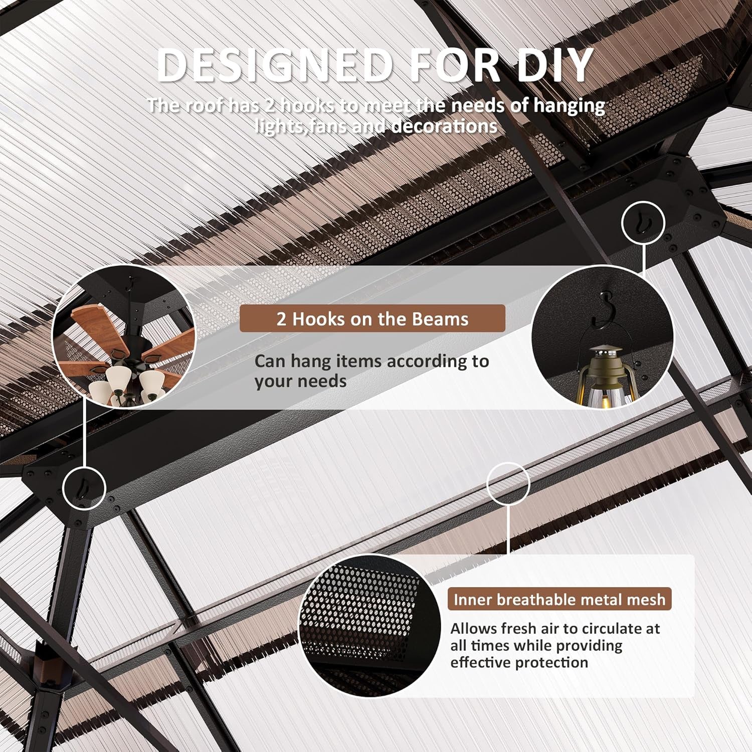 12x16 Brown Gazebo Poly carbonate Roof Aluminum Frame-4