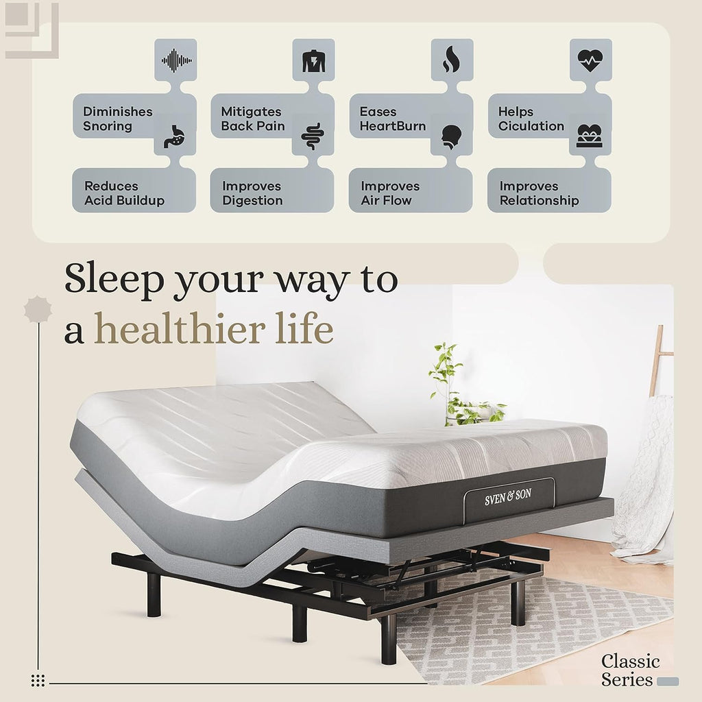 Sven & Son Classic Adjustable Bed Base, Head and Foot Lift, Massage, Under-Bed Lights, USB, Gel Memory, Zero Gravity Smart Frame - Queen + 12 Inch Memory Foam Matt (Medium)