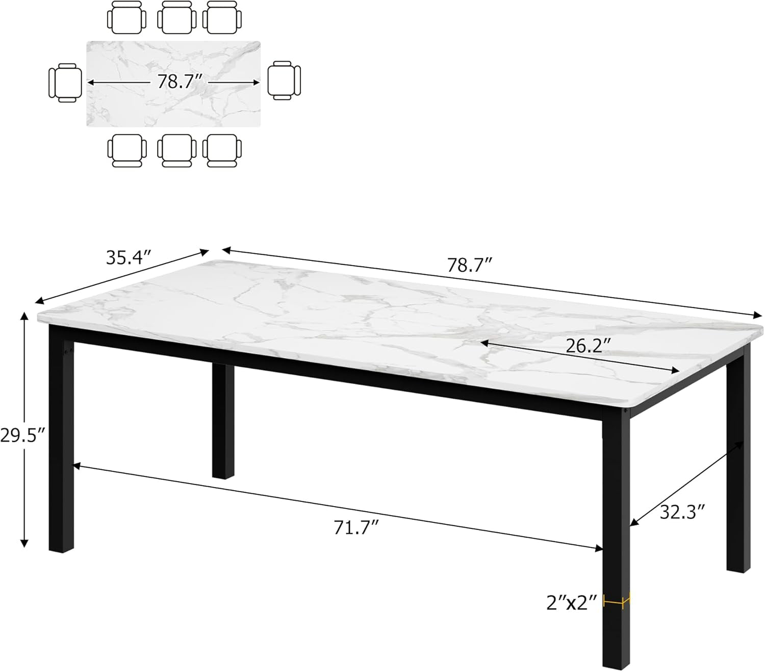 78 Inches Marble Industrial Rectangular Dining Table-1