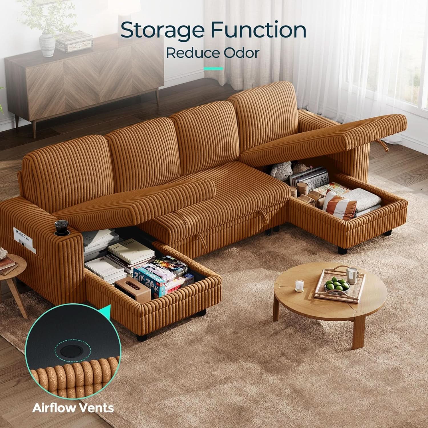 Brown UShaped Convertible Sectional Sofa Bed USBPort-4