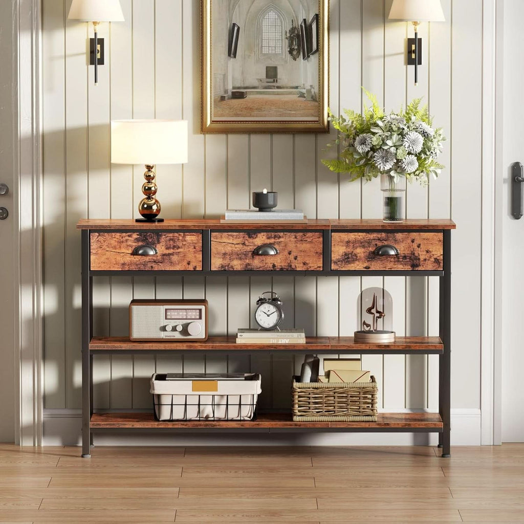 47-Inch Rustic Brown Console Table with 3 Drawers and Storage Shelves-1