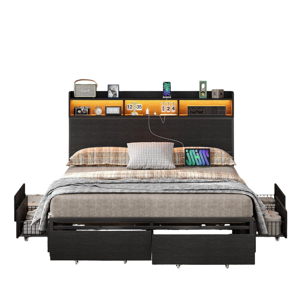 Full Metal Bed Frame with USB Charging, Storage Drawers, No Box Spring Needed Black - Yanosaku