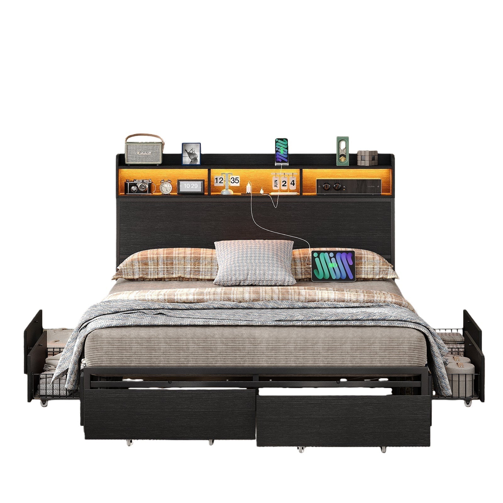Full Metal Bed Frame with USB Charging, Storage Drawers, No Box Spring Needed Black - Yanosaku