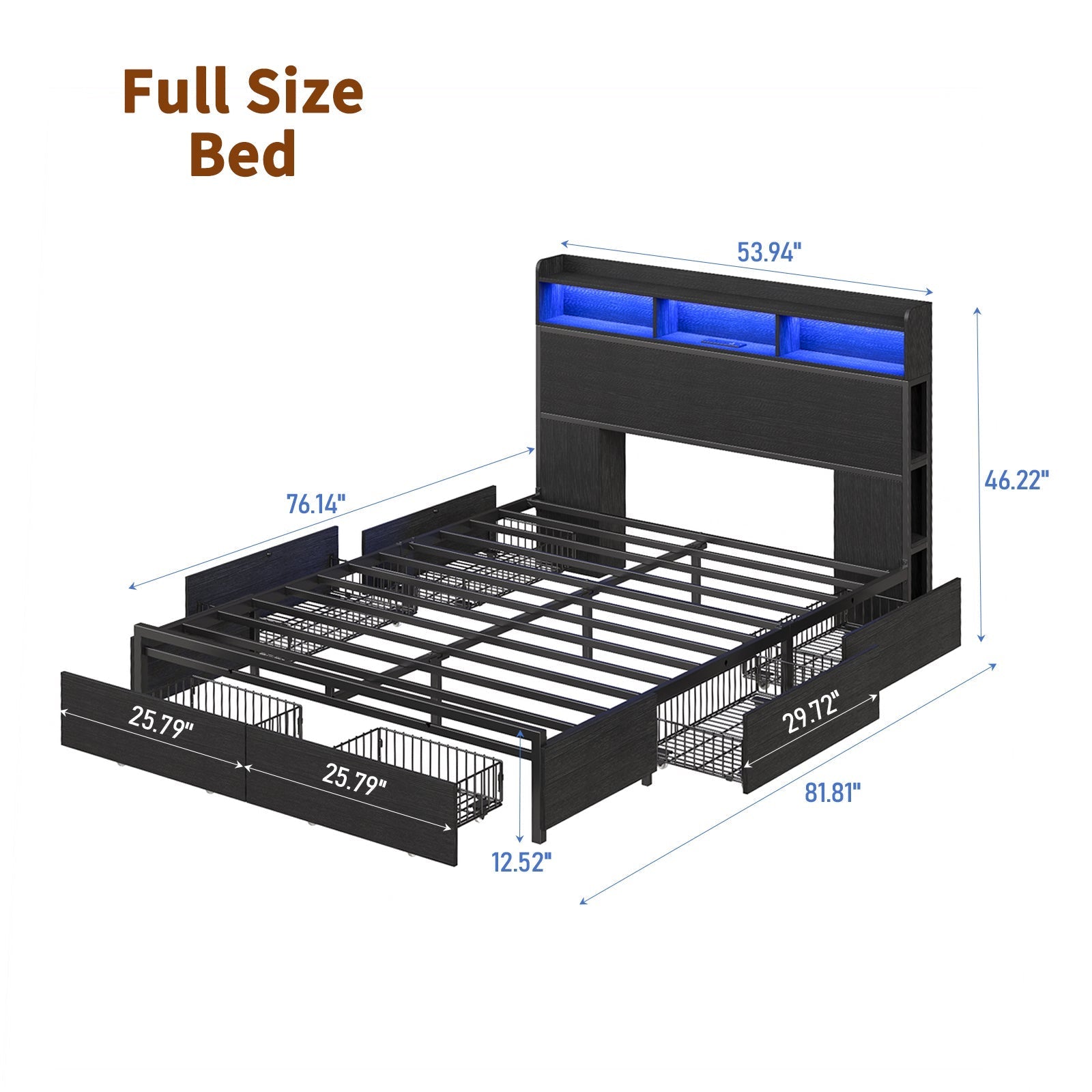 Full Metal Bed Frame with USB Charging, Storage Drawers, No Box Spring Needed Black - Yanosaku